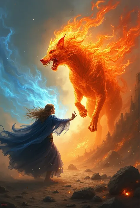 An air witch and a fire witch doing magical duel. The fire witch sends a hellhound made of fire towards the air witch. But the air witch redirects the fire hellhound towards the fire witch. The air witch uses air magic to redirect the hellhound "towards th...