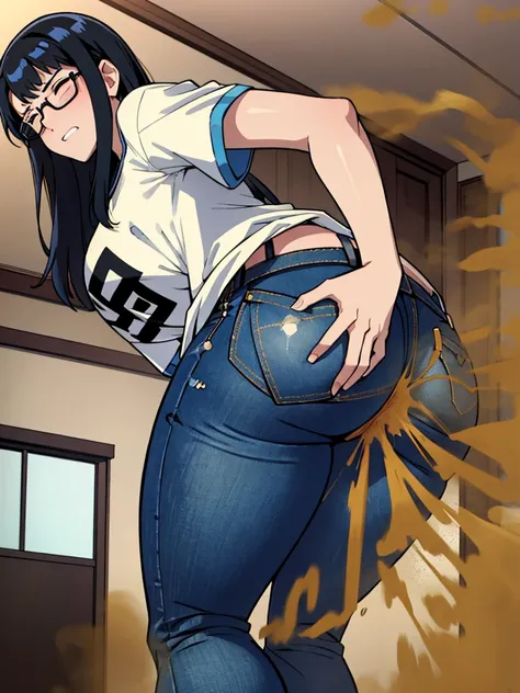 solo,1girl,black hair ,blues eyes ,tareme, hair bang, long hair,gleaming skin,glasses, oversized tshirt, blue jeans, massive fart, farting, blush, lifting ass, closed eyes, clenching teeth, alone in a room