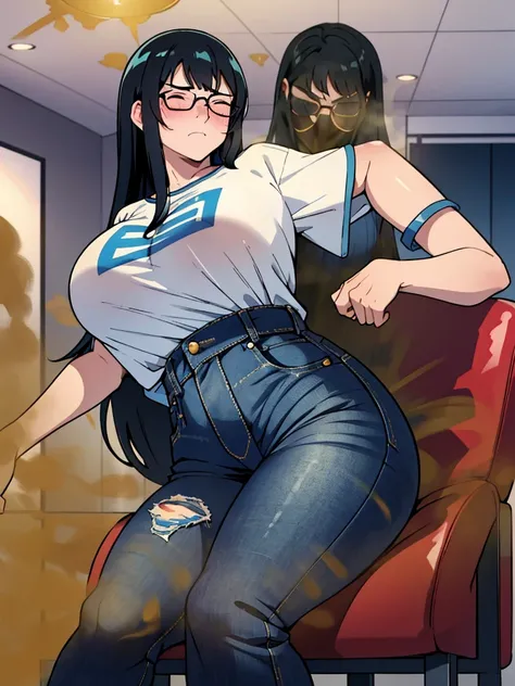 solo,1girl,black hair ,blues eyes ,tareme, hair bang, long hair,gleaming skin,glasses, oversized tshirt, blue jeans, massive fart, farting, blush, grabbing breasts, closed eyes, clenching teeth, sitting on chair, alone in a room