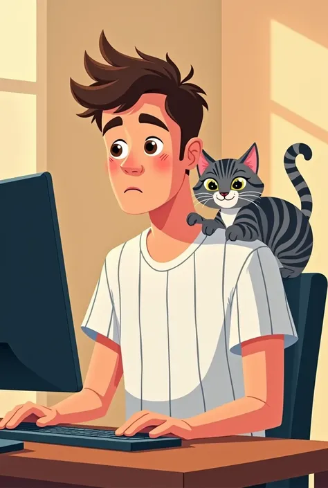 light skin man ,short brown and spiky hair,eyes browns, with white t-shirt with black vertical stripes ,  working with IT, computer and next to it your gray and black striped cat,light eyes pixar drawing
