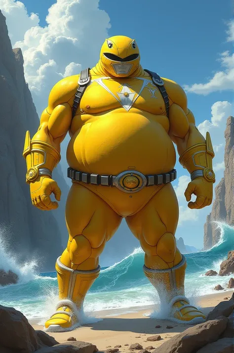 Create an obese yellow Power Ranger that represents aspects of a humpback whale 
