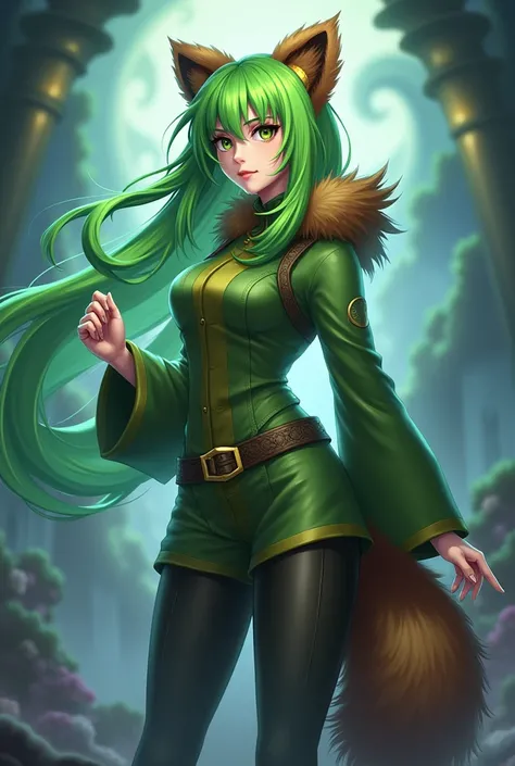 One like Nana from Mobile Legends Bang Bang with long green hair, green clothes and brown raccoon ears and tail.
