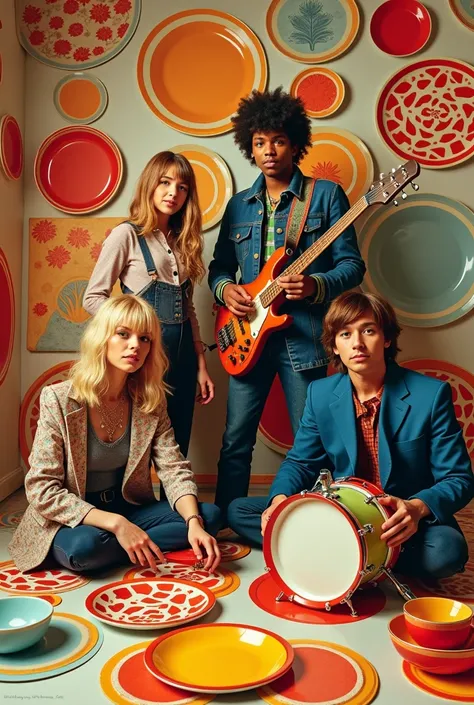 Une affiche dun groupe de musique funk rock 
français dans le style de lImpératrice. Le groupe est composé dune chanteuse blonde, dune bassiste brune et grande, dun guitariste, dun batteur. Le groupe pose dans un décors complétement recouvert dassiettes en...