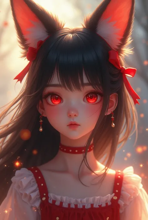 1 girl, extremely detailed, long hair, blushing, smiling, red eyes, hair ribbon, fox ears, sparkling effects, best quality, 4k, 8k, highres, masterpiece:1.2, ultra-detailed, realistic, photorealistic, photo-realistic:1.37, HDR, UHD, studio lighting, ultra-...