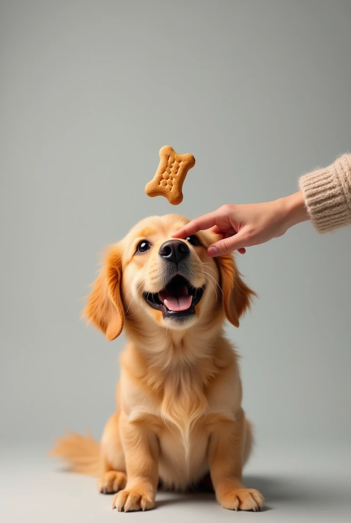 A golden retriever on a grey background with dog biscuit on its nose and by a couple of seconds the golden retriever dog flips the biscuit and eats it for ten seconds then the owner pets the golden retriever dog off camera by twenty seconds