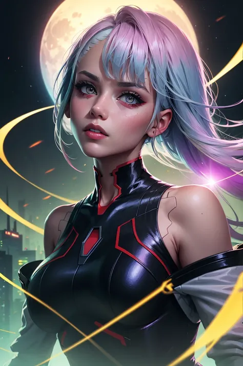 a woman with hair and a black shirt is standing in front of a neon city background with full moon, lois van baarle and rossdraws, portrait of lucy from Cyberpunk Edgerunners, artgerm and lois van baarle, rossdraws 2. 0, rossdraws 1. 0, rossdraws 2. 5, artg...