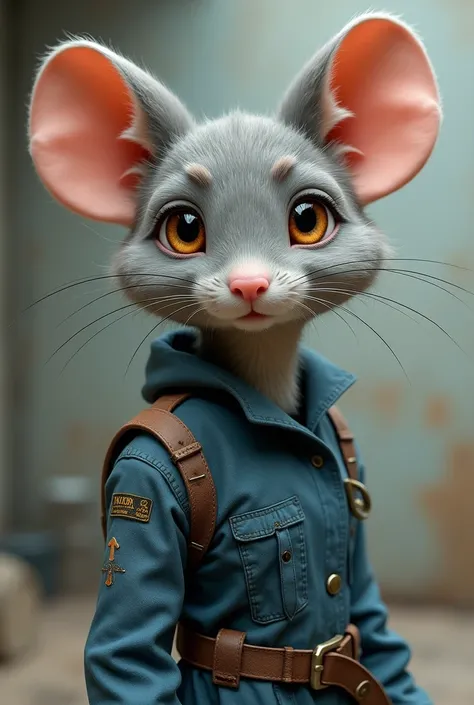 masterpiece, high quality, best definition, anthro furry mouse, in mechanic&#39;s suit, body with gray fur and eyes with heterochromia, with a slim and tall female body, small but noticeable breasts 