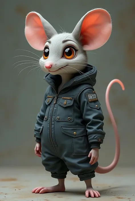 masterpiece, high quality, best definition, anthro furry mouse, in mechanic&#39;s suit, body with gray fur and eyes with heterochromia, with a slim and tall female body, small but noticeable breasts 