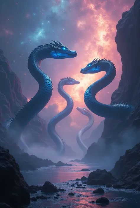 a cosmic landscape with 5 giant serpents,highly detailed reptilian skin,cosmic background,ultra-detailed,8k,hyperrealistic,dramatic lighting,volumetric fog,intricate scales,mesmerizing eyes,cinematic composition,moody atmosphere,vibrant colors,photorealist...