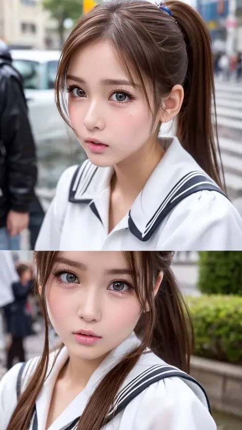 ((Highest quality)), ((masterpiece)), (detailed),  ((Brown hair)), (highschool girl), Beautiful girl, Ponytail, Highschool uniform, Very Cute Eyes, False eyelashes, (((Watery eye))), (cheek:1.3), (surprised:1.5), Glossy thick lips, shiny white skin, close ...