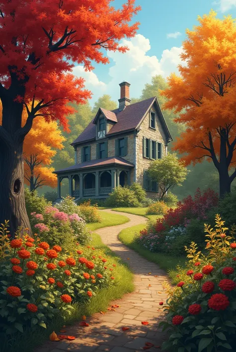 Autumn garden with an abandoned but beautiful house in the background 