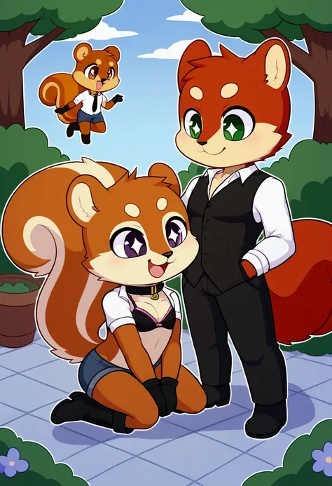 2boys, squirrel, furry, bodyfur, tail, collar, bra, bottomless, gloves, boots, chibi, sparkling eyes, happy, full body, hand between legs, kneeling, garden