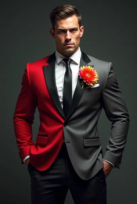 a muscular, formal man, hair short back, wears an elegant suit half red and half gray, with a flower with petals of many colors