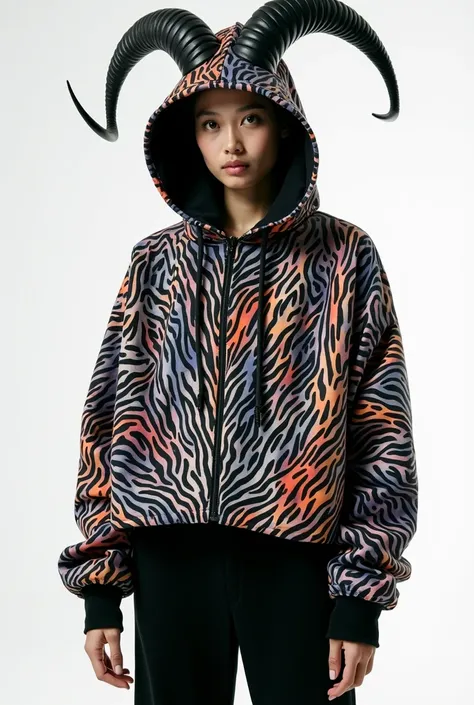 make a hoodie whith goat horns on the hood and a cool animal pattern for the design fitting over oversized boxy cropped fit 