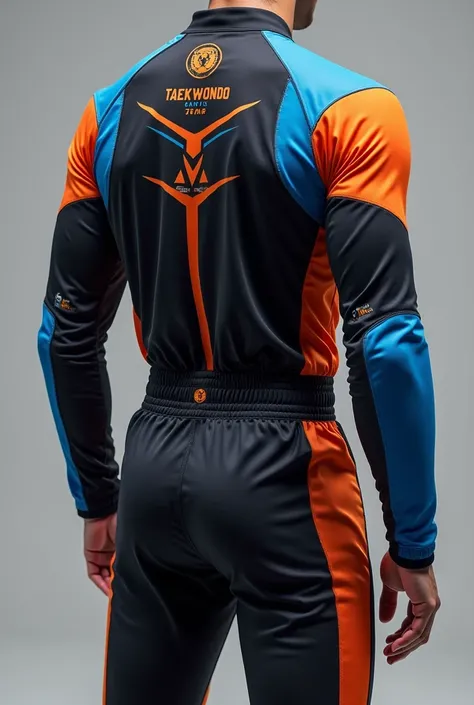 Taekwondo team sportswear with black, orange and blue colors 