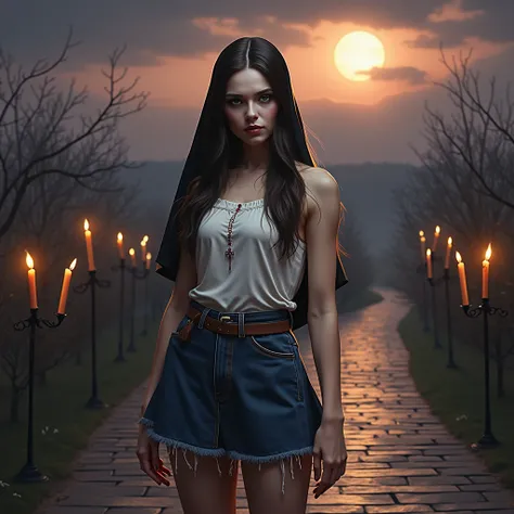 arafed image of a  girl with a nuns head and a candle lit background, billie eilish as a nun, nun, billie eilish as a sad nun, single scary female vampire with miniskirt minidress nun, vampire nun, looks like christina ricci, annasophia robb as joan of arc...