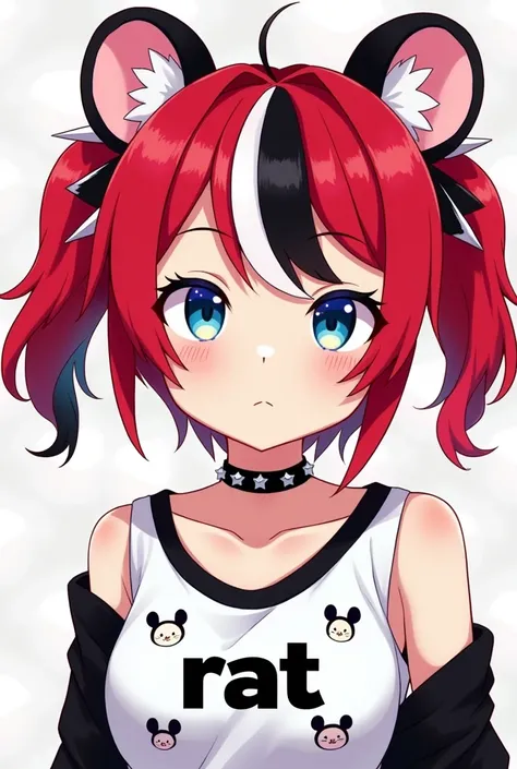 her name is Hakos Baelz, She has vibrant red hair in pigtails and black and white streaks with blue eyes and mouse ears. She has a spiked collar and white top with black accents with the word "RAT" and graphics of ears and whiskers around it.