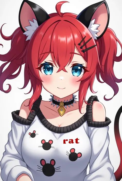 her name is Hakos Baelz, She has vibrant red hair in pigtails and black and white streaks with blue eyes and mouse ears. She has a spiked collar and white top with black accents with the word "RAT" and graphics of ears and whiskers around it.