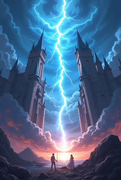  Generate a photo theme for my movie of two castles one on the right in one on the left and a lightning bolt striking in between in the name peace call from the talking Toms must be written in the font papyrus and this photograph must be in anime form 