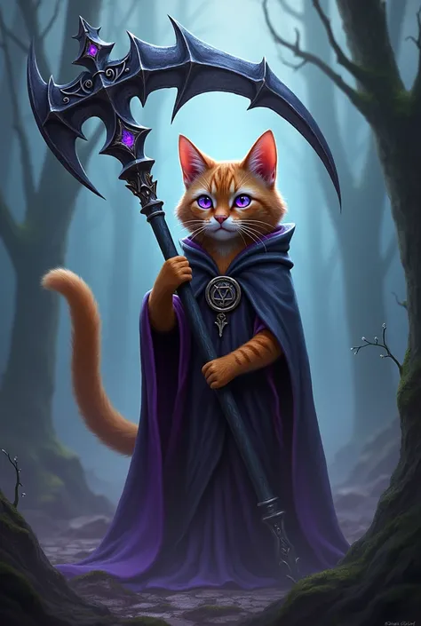 A cat with a scythe and brown hair and bright purple eyes