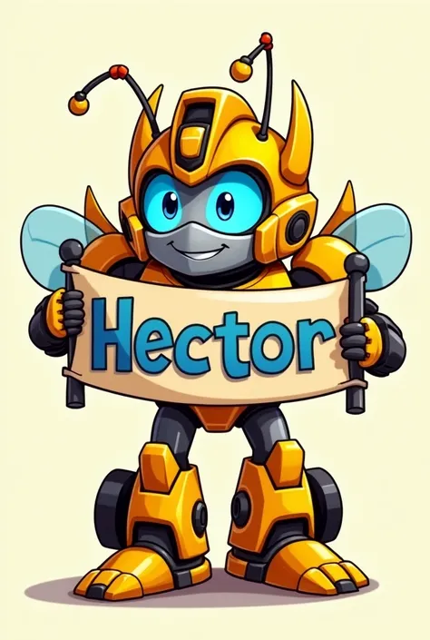 create image with drawing (cartoon image) do Bumblebee (Transformes), holding a banner that says Hector