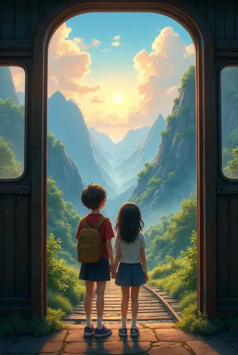 Here is an English description you can use for generating an image:

"A dreamy scene where an old train is traveling along a picturesque mountain route. Through the trains window, two people (you and your friend Omi) are standing at the door. Surrounding t...