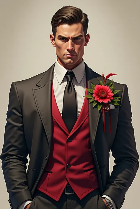 a muscular, formal man, with short hair pulled back, wears an elegant suit with mixed red and gray colors, with a flower with petals of many colors