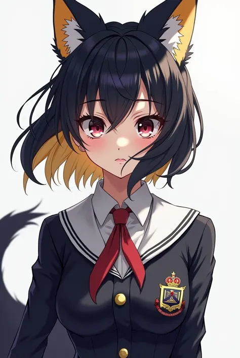 I create an image of a girl with black hair with blonde tips, black eyes, white skin, wolf ears and tail and with the Boku no Hero UA uniform with the Boku no Hero anime style.