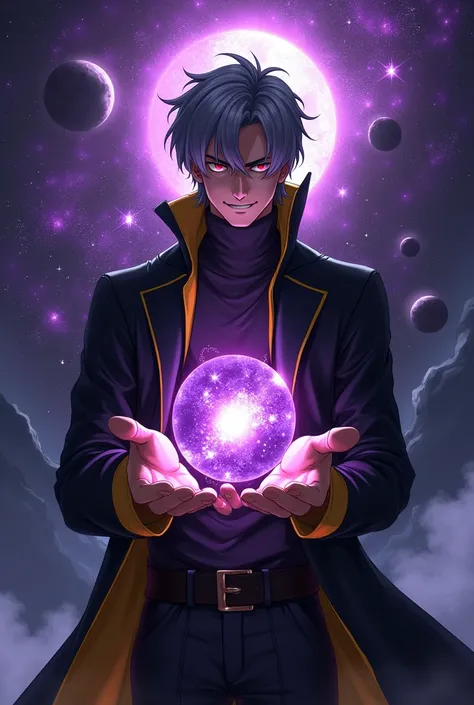 Shadow male short black hair, Eyes red, black coat with yellow details, purple aura, with the universe in the palm of your hand + Confident smile, gray hair 