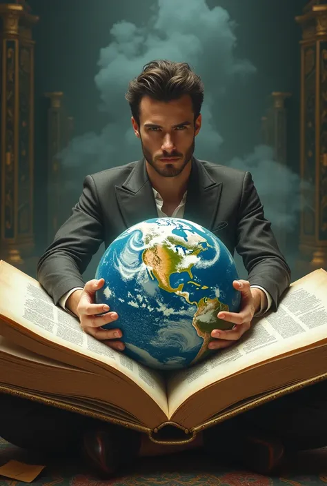 a hansome man siting in the big book and i his hand are earth 