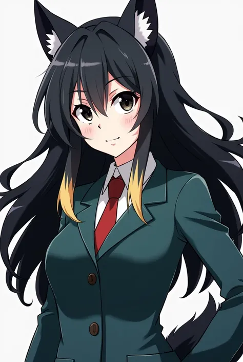 Boku no Hero Academia character, woman with black hair with blonde tips, black eyes, white skin, wolf ears and tail and wearing the Boku no Hero UA uniform with the Boku no Hero anime style