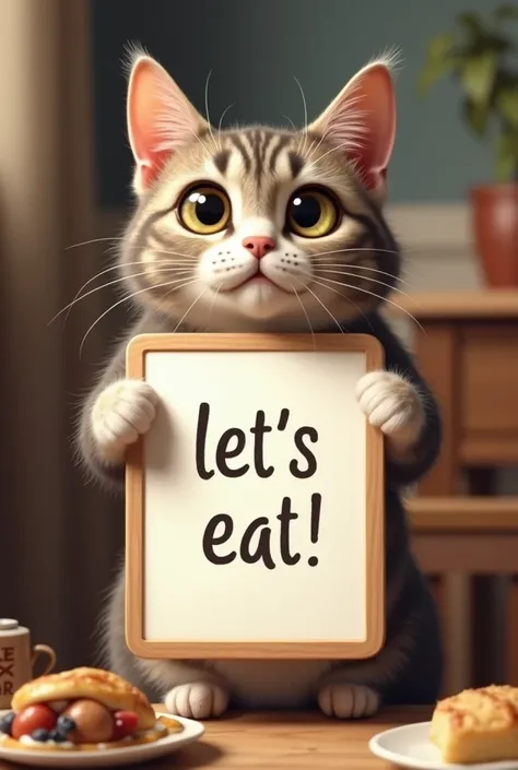 British cat, holding a white board with writing "Let&#39;s eat!" and showing it to the viewer