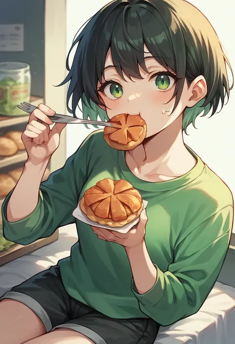 Anime girl eating a lot of food with black little bit short hair green eyes and green shirt black shorts 