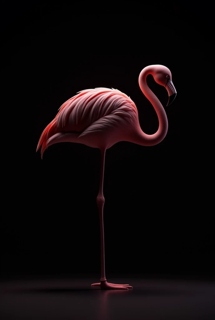 silhouette of a pink flamingo, realisitic, little light on it, black backdrop 