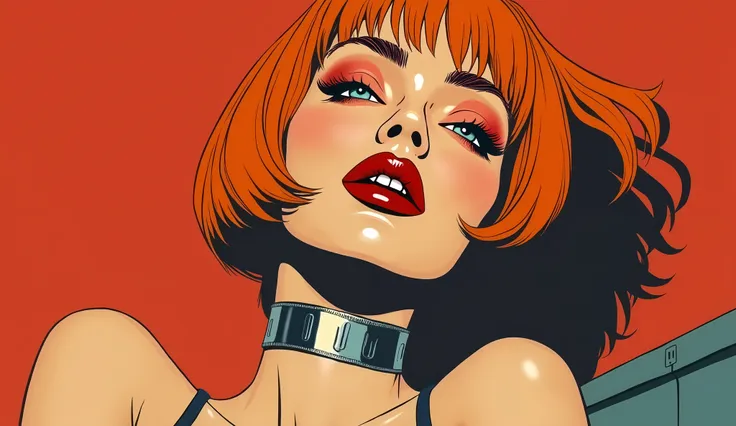 Flat aesthetic with line art, lustful suffering , the submissive diva, suck lips, top, iron collar,  posing, vintage, orgasm, bob haircut,orange hair, red, close-up