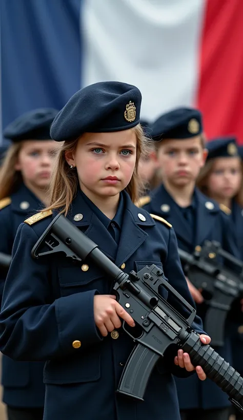 Realistic photo of a group of children wearing French Navy uniforms, holding M4 rifles and the French flag behind them.. They are ready