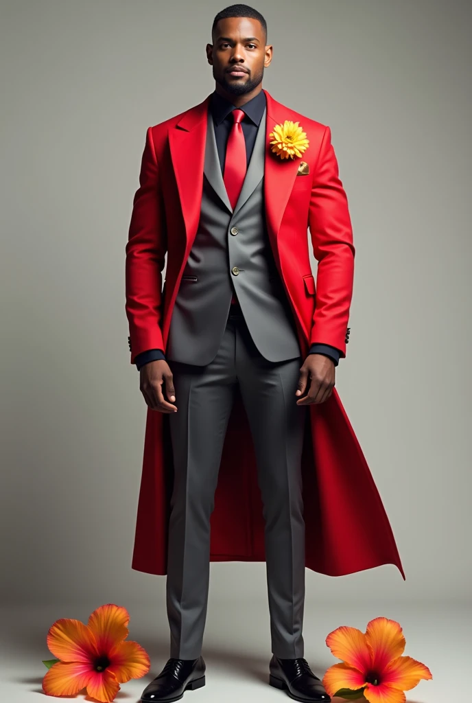 a muscular, formal man, hair short back, wears an elegant suit half red and half gray, pants half red and half gray, with a flower with petals of many colors