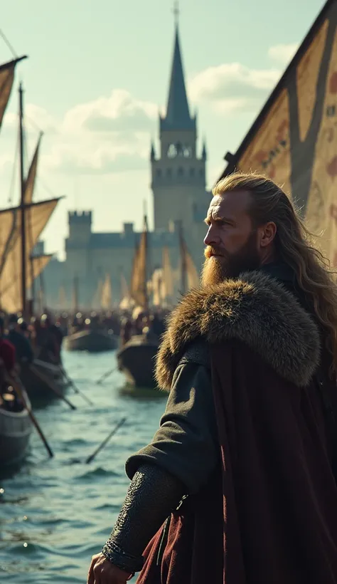 "With a fleet of 120 ships and thousands of warriors, the Vikings sailed up the Seine and attacked the city," Ragnar Lothbrok,blond, leading a fleet of Viking longships on the Seine River, the ships filled with armed warriors wearing helmets and chainmail,...