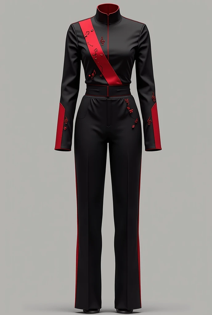 Create a black marching band outfit, with red details and some musical notes on the clothes, but it should be something simple, like unisex pants 