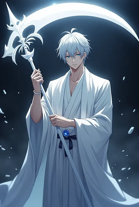 Anime version man with white scythe, white  clothes, gray hair, dark blue eyes 