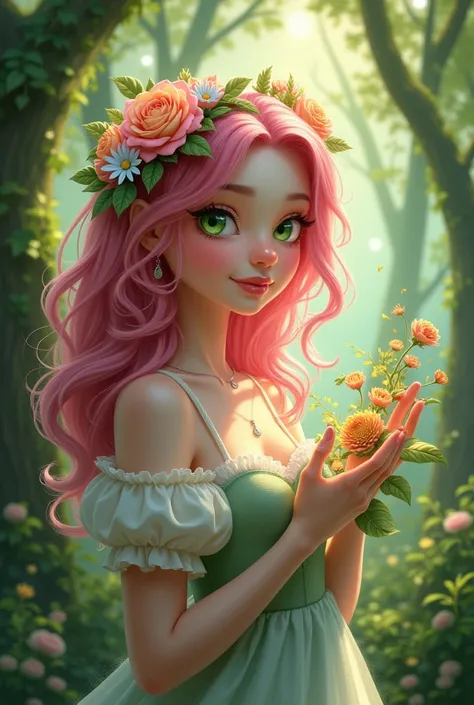 Princess with apple green eyes and pink hair with flowers .with a flora that comes out of the left hand in the entire flat forest

