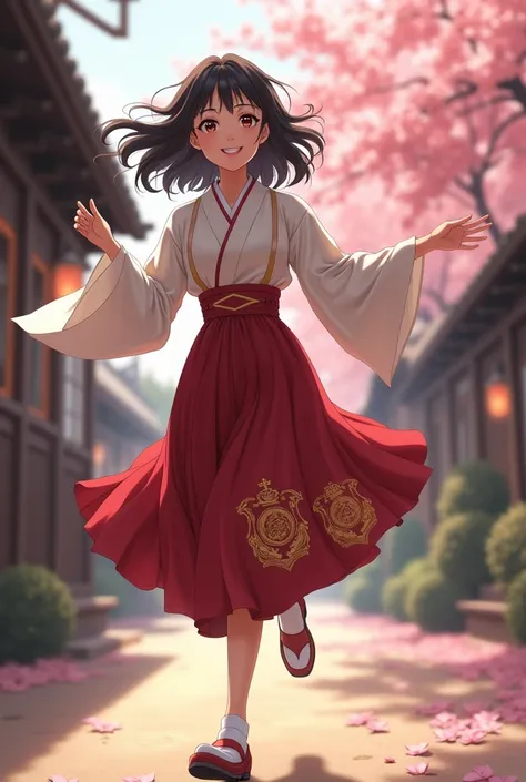 A beautiful, western-style woman wearing a stylish hakama with crests, reminiscent of the Taisho era in Japan.、Looking Back、Come running towards me with a smile。Graduation ceremony hakama。The background is light.、With a vague silhouette、Retro Station Home。...