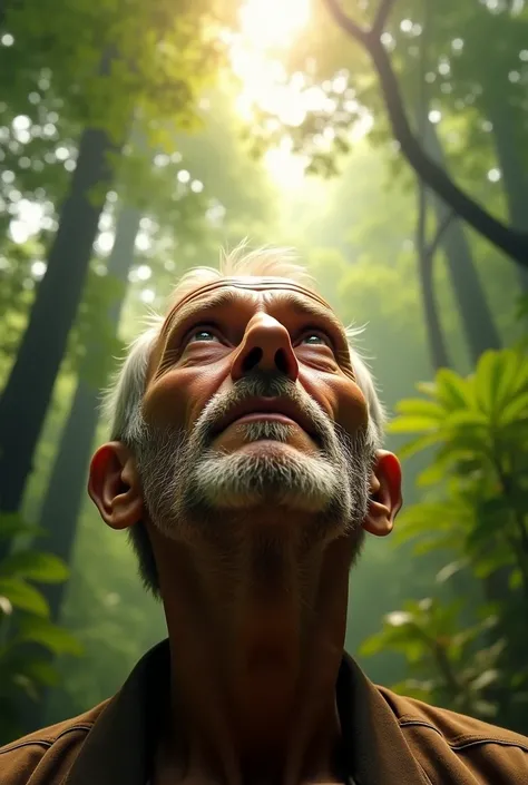 close up of man looking up in the forest 