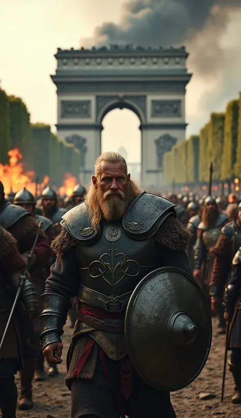 "The defense of Paris was futile, and the Vikings looted everything in their path," Ragnar Lothbrok ,blond,and his Viking warriors storming the gates of Paris, breaking down doors, dressed in battle armor with shields and swords, fires burning in the city,...