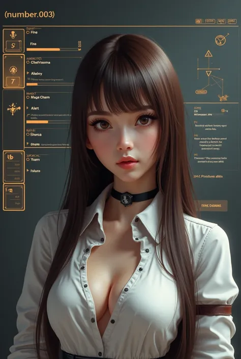 With the young woman&#39;s name、Hyper-realistic RPG-style character stats screen [number.003]. She has long eyelashes, Smooth, Perfect Skin, realistic hair texture, and subtle makeup. She wears a tight shirt, 白襟のシャツとBlack choker. Character&#39;s name "[num...