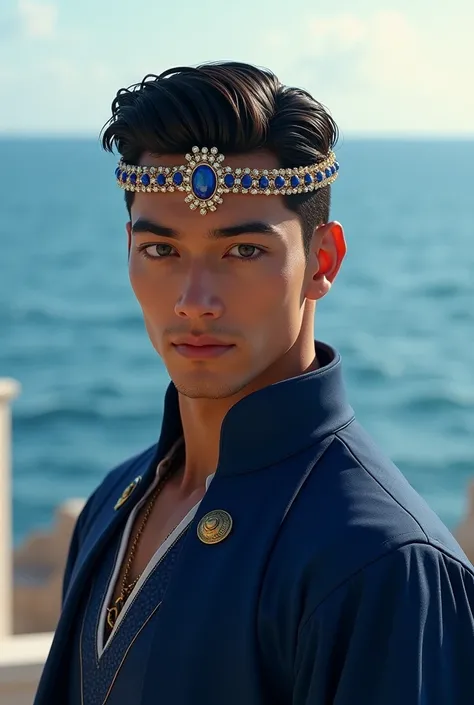 Handsome young man whose face has soft but stylized features, athletic body and slightly tanned skin. Neck-length black hair combed back and sapphire blue eyes. He wears a masculine crown of sapphires and wears a royal robe of navy blue., has the sea behin...