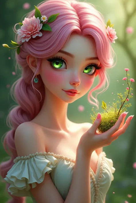 Princess with apple green eyes and pink hair with flowers .with a flora that comes out of the hand 


