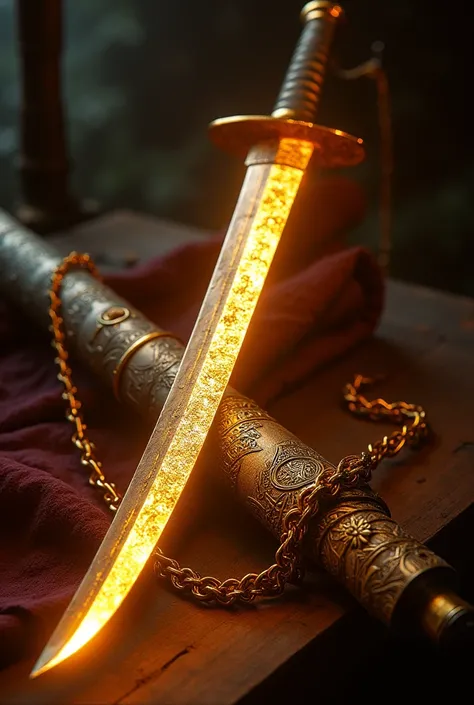 Create a large curved katana sword with a golden blade and glowing writings on it., next to the sheath with a golden chain wrapped around it.