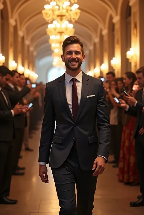 A young man in suit, happy, walking down the isle of a well lighted hall, crowd at the background, photographers taking the picture of the young man, photorealistic image.