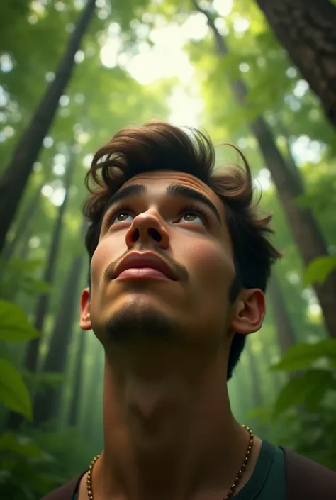 close up of a young man looking up in the forest 